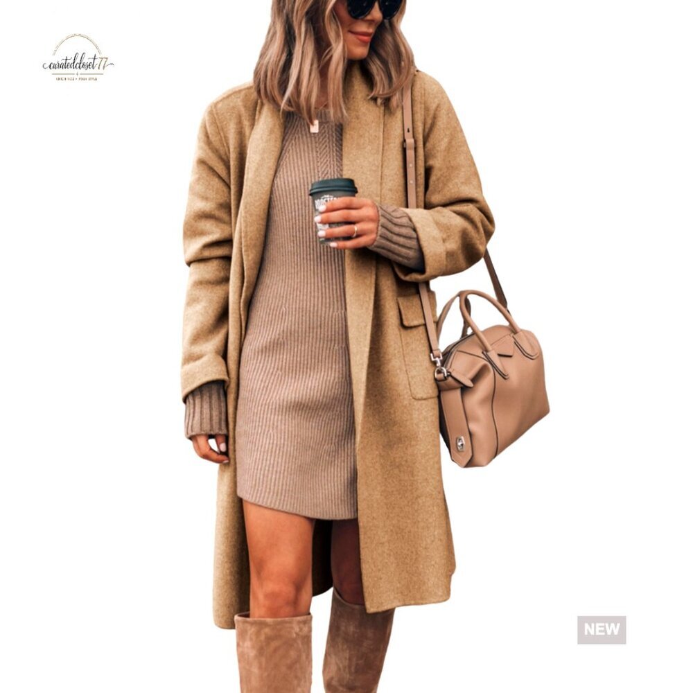 Wool Blend Long Cardigan Coat with Pockets Lapel Jacket Fall Winter Outerwear
